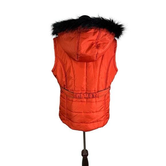 NEW Sporto Orange Rust XL Longline Quilted Jacket Vest Faux Fur Trimmed Hood - Picture 4 of 14